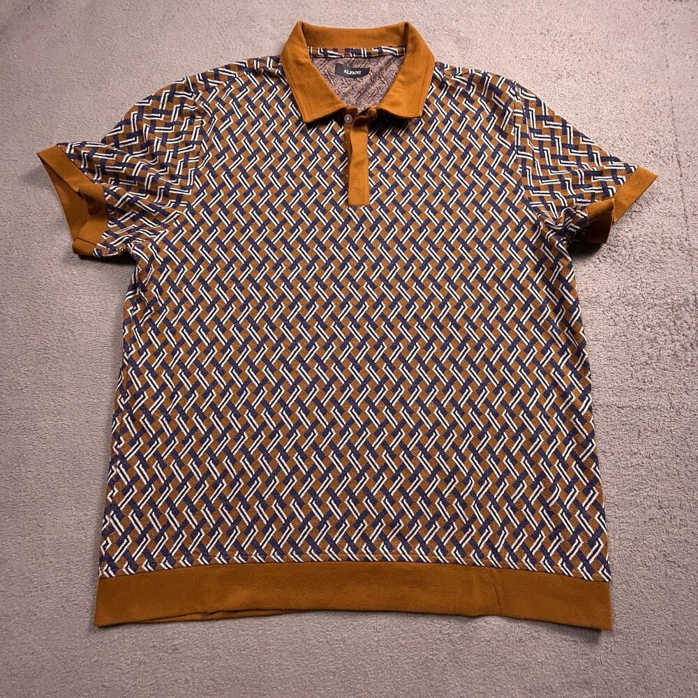 Alfani Polo Shirt Mens XL Geometric Knit Mod Retro Brown Short Sleeve